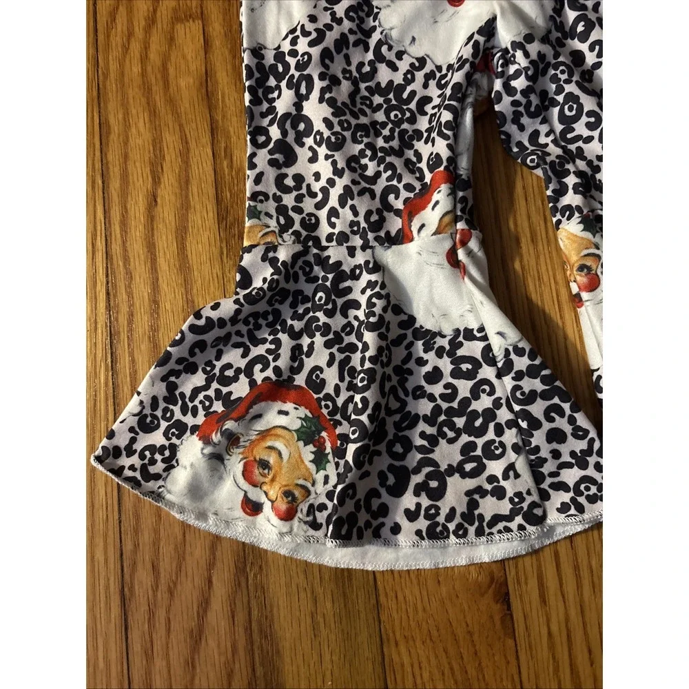 Santa Leopard‎ Print Girls Christmas Bell Bottom Outfit Set 6-9months
